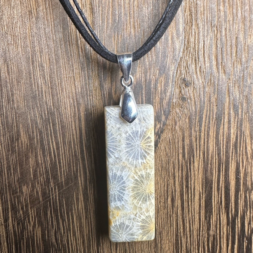 Coral Fossil Thin Rectangle Pendant Necklace on Black Rope - Picture 4 of 16